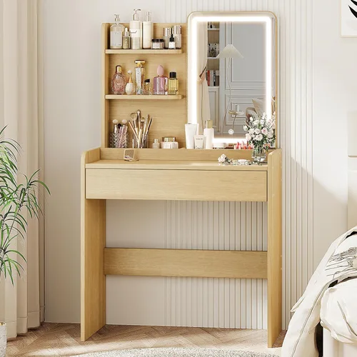 Vista 11 de Memobarco Escritorio pequeño con espejo y luces, tocador de maquillaje con cajón y estantes de almacenamiento, escritorio de tocador con 3 modos