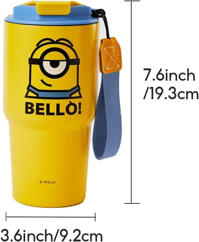 Vista 7 de MINISO Minions - Vaso de viaje de acero inoxidable de 17 onzas con correa, botella de agua aislada al vacío con tapa y soporte para taza de café