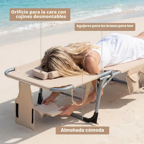 Vista 7 de COSTWAY Silla de salón plegable de playa, silla de bronceado con agujero para la cara, respaldo ajustable de 5 posiciones, almohada y bolsillo Beige