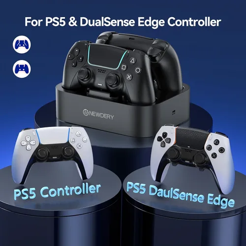 Vista 4 de NEWDERY PS5 Controller Charger Station, Fast Charging Dock for PlayStation 5 Controllers, Single Controller Charger Station + Dual Controller