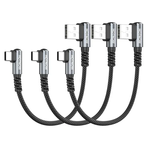 Vista 15 de Cable USB C corto de ángulo recto de 0.5 pies, paquete de 3 cables de carga USB C de 6 pulgadas, cable de carga rápida trenzado de nailon