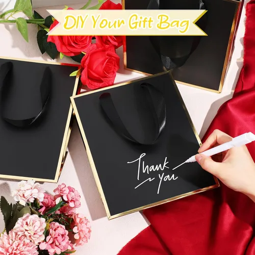 Vista 4 de Yeaqee Paquete de 24 bolsas de regalo de papel metálico con asa y tejido de 9 x 7 x 3.1 pulgadas, papel de aluminio dorado, bolsas de agradecimiento