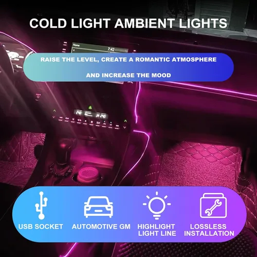 Vista 3 de Tira de luces LED para interior de automóvil, cable de neón de 16.4 ft, USB 5 V, con protección de fusible, para decoración interior de automóvil