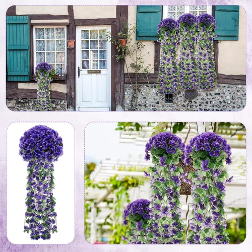 Vista 6 de XunYee Paquete de 4 flores artificiales colgantes para exteriores, plantas colgantes falsas de 5 pétalos de seda violeta, plantas de simulación