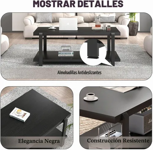 Vista 5 de FOLUBAN - Mesa de café negra, mesa de centro moderna de madera rústica con almacenamiento para sala de estar, mesa de té industrial de 2 niveles