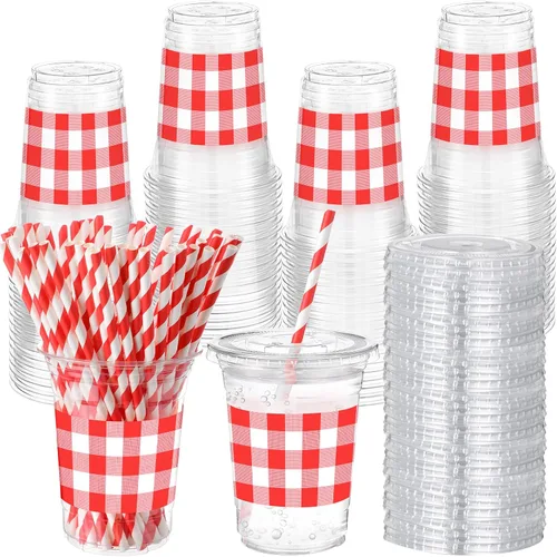 Vista 27 de Sliner 50 juegos de vasos de plástico a cuadros de 16 onzas con tapas y pajitas de papel, vasos desechables transparentes para fiesta de autos