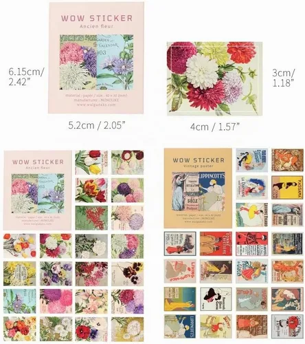 Vista 2 de Monolike Wow Sticker Ancien Fleur + Set de Póster Vintage - Mini Tamaño Lindas Calcomanías, Calcomanías Cuadradas Ancien Fleur + Póster Vintage