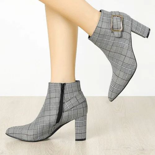 Vista 2 de Allegra K Botines de tacón grueso a cuadros para mujer