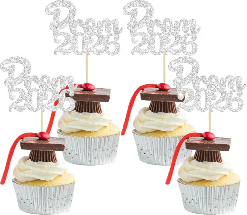 Vista 16 de Gyufise 24 piezas de decoración para cupcakes con purpurina para graduación 2026, decoración de pasteles para graduación 2026, decoración de Negro