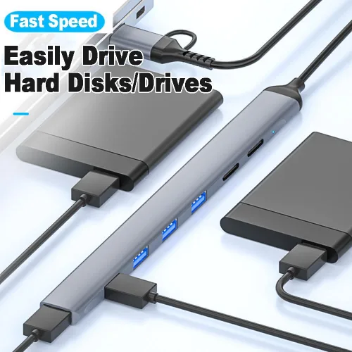 Vista 7 de Concentrador USB multipuerto USB-C, multipuerto de aleación de aluminio con 5 puertos USB, 2 puertos USB-C, para MacBook Pro Air, para iPad Pro