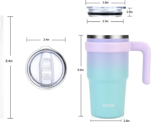 Vista 8 de Zukro - Vaso aislado con forro de cerámica de 20 onzas con asa y pajilla, diseño a cuadros No Metal Taste, Double Wall Stainless Steel Coffee Cup