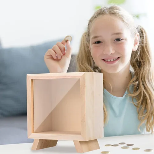 Vista 8 de Alcancía transparente para adultos y niños, alcancía de madera para niñas y niños, colorida hucha para ahorrar dinero, hucha grande irrompible