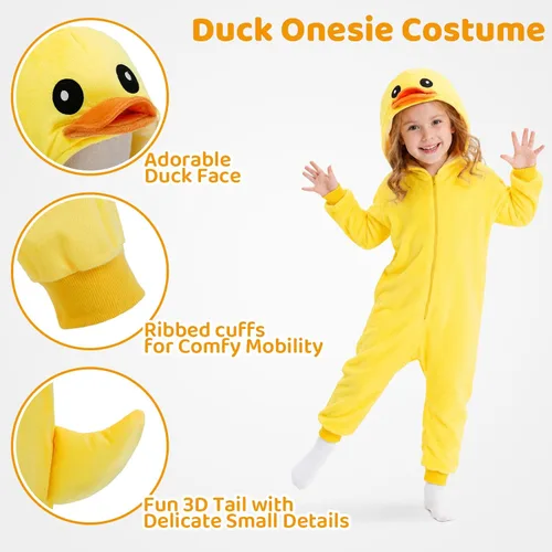 Vista 5 de Disfraz de pato amarillo para niñas y niños, overol de animal con capucha 3D para fiesta de Halloween