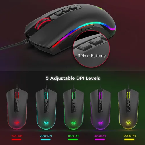 Vista 3 de Redragon M711 Cobra - Mouse para videojuegos con retroiluminación croma RGB de 16.8 millones de colores, 10.000 DPI, 7 botones programables