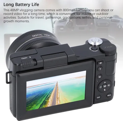 Vista 5 de Cámara digital 4K Auto Focus Anti Shake 48MP Vlogging Cámara 32G Tarjeta 180 grados Flip Screen 0.45X Lente macro gran angular (negro)