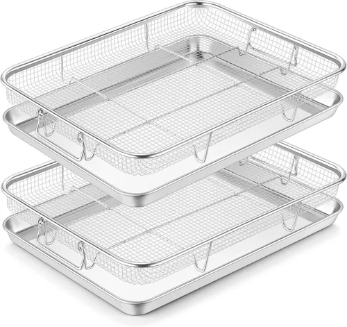 Vista 12 de TeamFar Paquete de 2 cestas para freidora de aire para horno, 9.3 x 7 x 1.9 pulgadas Stainless Steel, with Grease-Catching Tray, Less Oil &