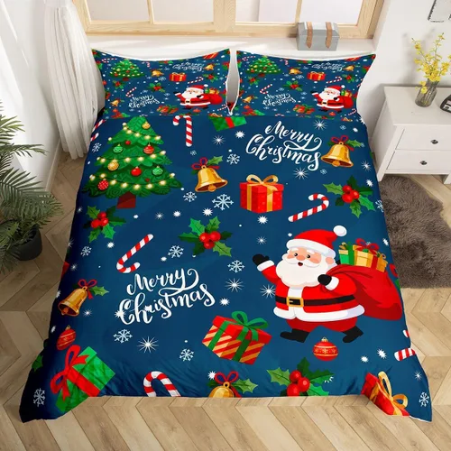 Vista 33 de Juego de ropa de cama de Feliz Navidad, funda de edredón azul con árbol de Navidad para niñas y niños, elegante funda de edredón de copo de nieve