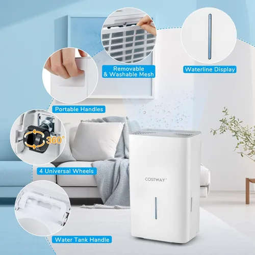 Vista 7 de COSTWAY Deshumidificador Energy Star de 65 pintas, 5000 pies cuadrados, deshumidificador portátil grande para sótanos con 2 modos y 3 velocidades