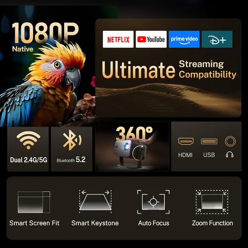 Vista 4 de [Netflix-Licensed/4K Support] Native 1080P Smart Projector, 800 ANSI X6 Pro X6 Netflix Black