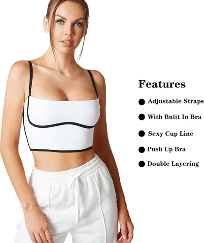 Vista 4 de Move With You Sujetador deportivo sin mangas, con tirantes delgados, acolchado, cuello cuadrado, doble capa, para entrenamiento, fitness, básica