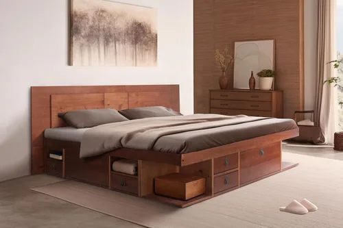 Vista 35 de Memomad Bali Set: Plataforma de almacenamiento con cajones + Cabecera con estantería (Tamaño individual, madera color marrón caramelo)