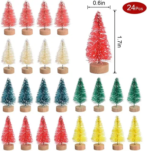 Vista 2 de Mini árbol de Navidad artificial, 24 piezas, multicolor mini cepillo para botellas, árboles helados con base de madera para escenas en miniatura