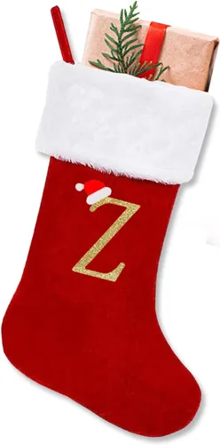 Vista 23 de ALIBBON Medias de Navidad con monograma de 20 pulgadas con iniciales, medias grandes de terciopelo rojo con puño de felpa blanca súper suave, medias