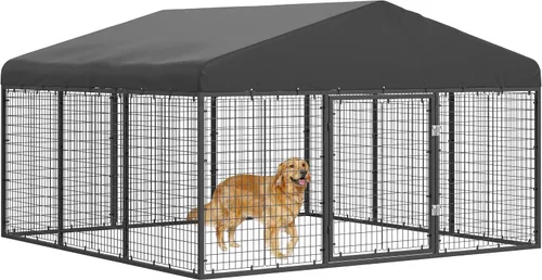 Vista 14 de Petony Perrera para perros al aire libre, valla ideal para perros medianos y pequeños, jaula de revestimiento antioxidante con techo, resistente a