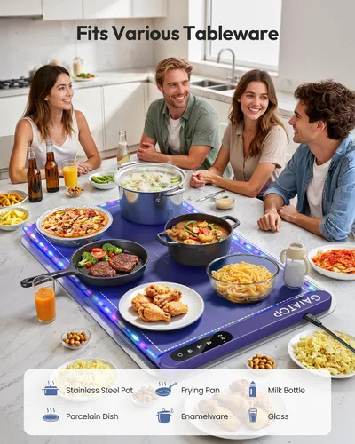 Vista 6 de Gaiatop Tapete de calentamiento para alimentos con salvamanteles y luz, tapetes de calentamiento de alimentos abundantes para encimera, 6 niveles