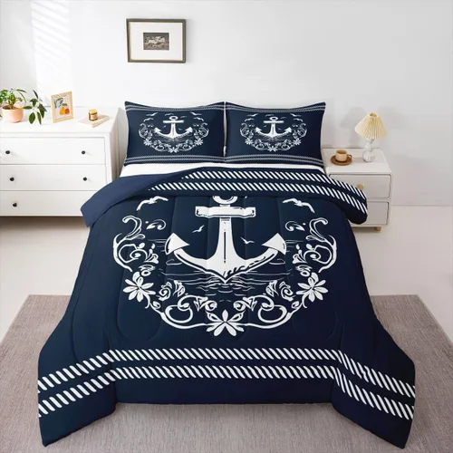 Vista 54 de Erosebridal Juego de edredón de ancla náutica, juego de ropa de cama con brújula oceánica, tamaño individual para niños, adolescentes y adultos