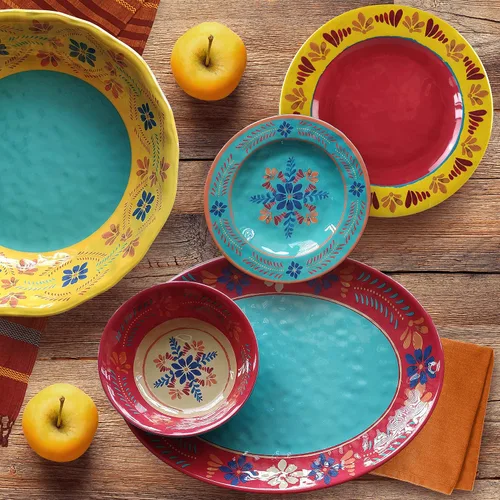 Vista 2 de Paseo Road Bonita Talavera - Juego de vajilla de plástico de melamina de 14 piezas con platos, cuencos y platos para servir, juego de platos