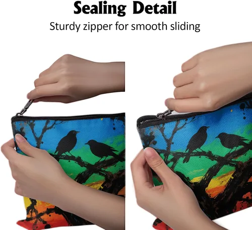 Vista 6 de Cafl Bolsa de maquillaje para mujeres y niñas, organizador de viaje portátil de gran capacidad, 10 x 8 pulgadas, Par de mirlo posado en ramas