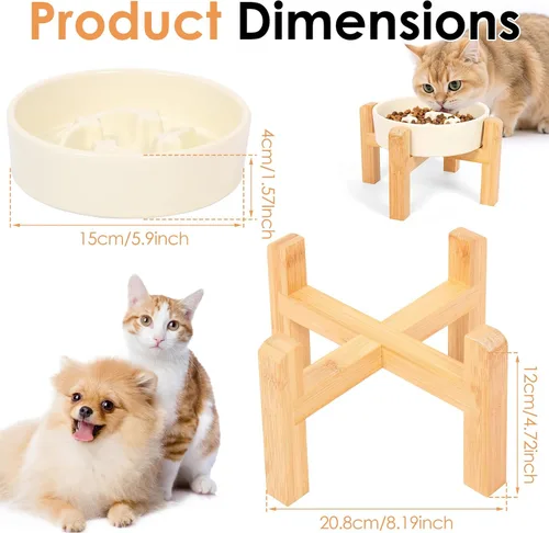 Vista 3 de Cuenco de cerámica para perros de raza pequeña, cuenco de alimentación lenta para perros con soporte de bambú, diseño de laberinto de rompecabezas