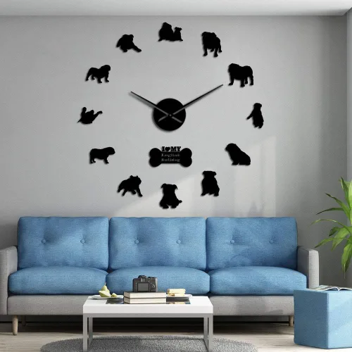 Vista 4 de The Geeky Days English British Bulldog contemporáneo 3D DIY reloj de pared con lindo hueso Pet Shop espejos superficie (negro)