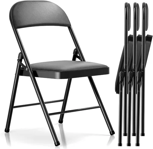 Vista 13 de Fenbeli Paquete de 4 sillas plegables con cojín, sillas de metal negro con asientos acolchados y marco de acero duradero, sillas plegables