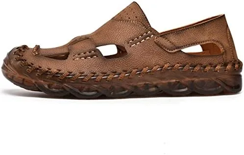 Vista 2 de Sandalias de cuero para hombre con punta cerrada para hombre transpirables zapatos de verano para pescador chanclas para hombre color marrón negro