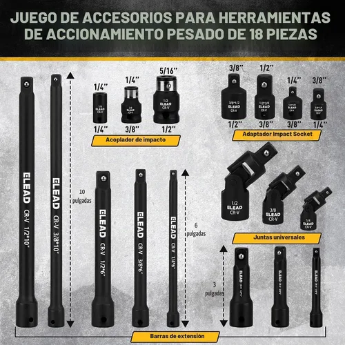 Vista 2 de Juego de extensión de enchufe de impacto de 18 piezas: barra de extensión de enchufe de accionamiento de 1/4", 3/8" y 1/2", juego de adaptadores