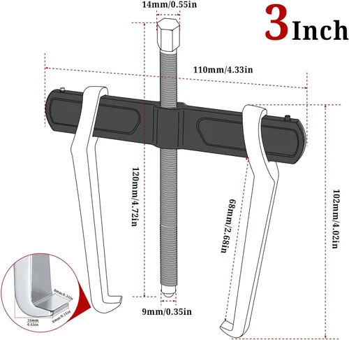 Vista 5 de BILITOOLS Extractor de engranajes de 3", de 2 mordazas, interno y externo para la extracción de poleas, volantes, rodamientos y brazos