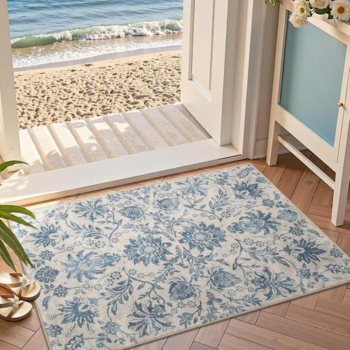 Vista 151 de jinchan Lima - Alfombra simétrica floral geométrica lavable, alfombra de entrada de medio círculo de 2 x 3, alfombra de media luna, suave y Azul