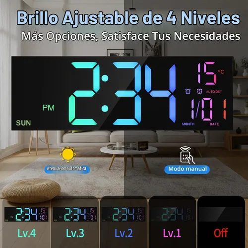 Vista 3 de LEIKE Reloj de pared digital grande de 16.2 pulgadas con control remoto, LED grande, alarma dual, 8 colores RGB, brillo automático, fecha, DST Negro