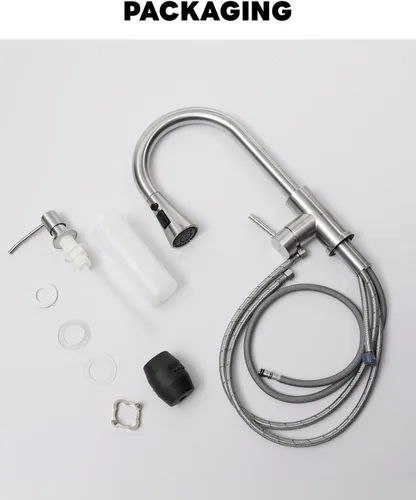 Vista 7 de Grifos de cocina con dispensador de jabón, grifo de cocina de níquel cepillado con rociador extraíble, 3 modos, grifos de fregadero de cocina