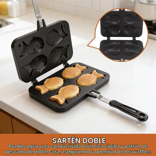 Vista 4 de Cyrank Taiyaki - Molde para pasteles en forma de pez, antiadherente para hacer gofres, molde doble para panqueques con mango largo, molde doble
