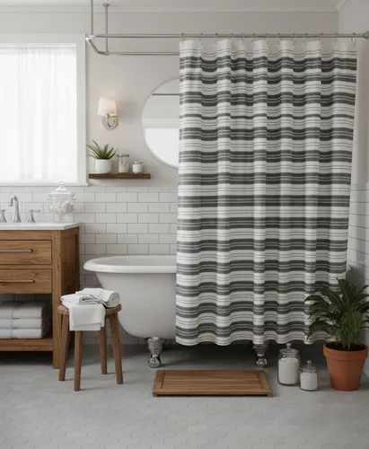 Vista 5 de Serafina Home Cortina de ducha de tela blanca y negra a rayas náuticas: hotel de lujo 100% algodón con tejido decorativo detallado para baño 70 "x