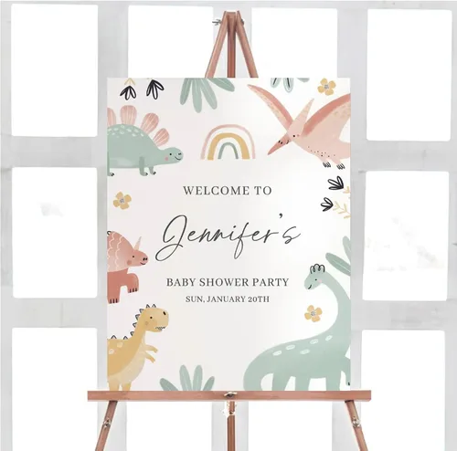 Vista 11 de Letrero de bienvenida para baby shower, personalizado, tema de dinosaurio para eclosionar, varios tamaños