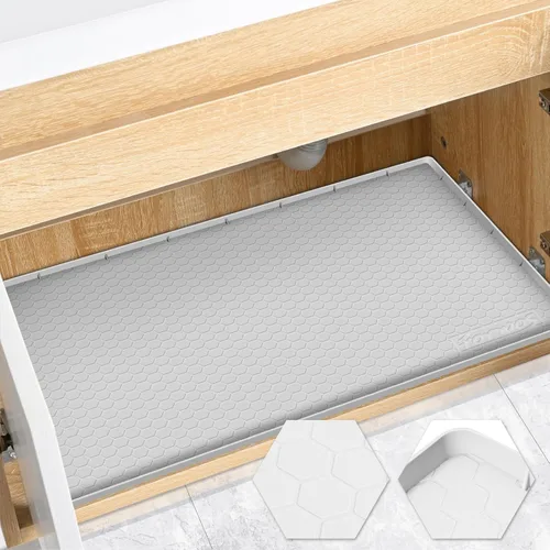 Vista 11 de Tapete impermeable para debajo del fregadero de 22 x 19 pulgadas, forro de silicona para gabinete, protector de goma para cocina y baño, mantiene