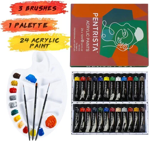 Vista 8 de Juego de pintura acrílica profesional, 48 colores, 0.4 fl oz/0.41 onzas líquidas, tubos de pintura artística con 3 pinceles + paleta, pinturas