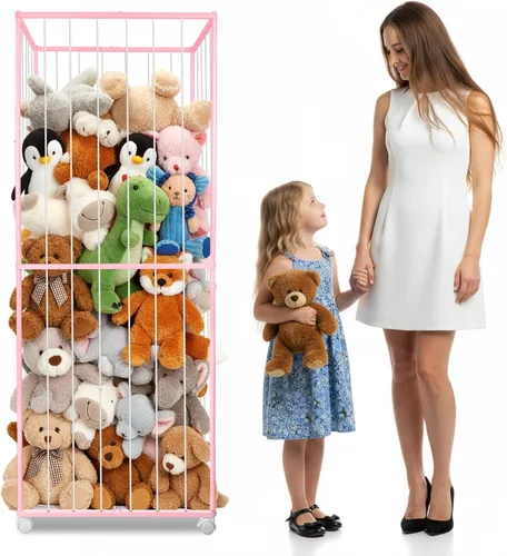 Vista 9 de Almacenamiento de animales de peluche, tubo de metal extra grande organizador de almacenamiento de juguetes con ruedas de freno, soporte
