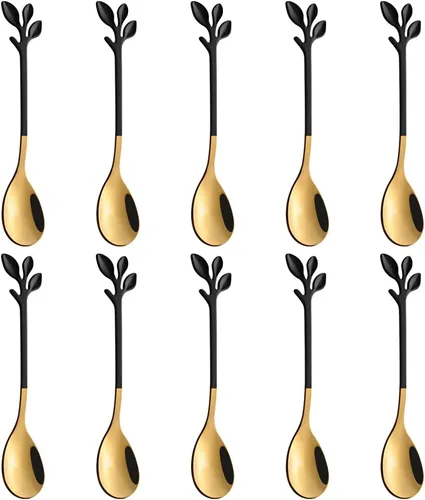 Vista 13 de AnSaw Elegantes Cucharas de Café de Hoja Negra - 10 Piezas, 4.7" Mini Cucharas de Acero Inoxidable para Espresso y Postre, Perfectas para Demitasse
