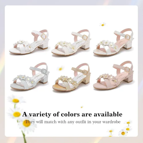Vista 7 de Sandalias para niñas, tacones para niños, puntera abierta, correa al tobillo, zapatos de vestir, flores para boda, fiesta para niños pequeños