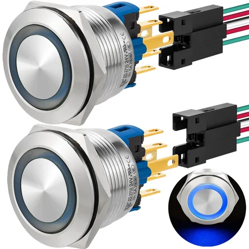 Vista 23 de 2 interruptores de botón de cierre de 0.866 in, 7/8 pulgadas, 110 V-120 V, SPDT, interruptor de encendido y apagado, impermeable, IP67, acero Azul